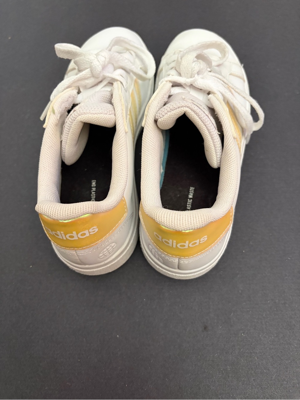 adidas White Sneakers with Iridescent Yellow Accent Stripes - Picture 3 of 7